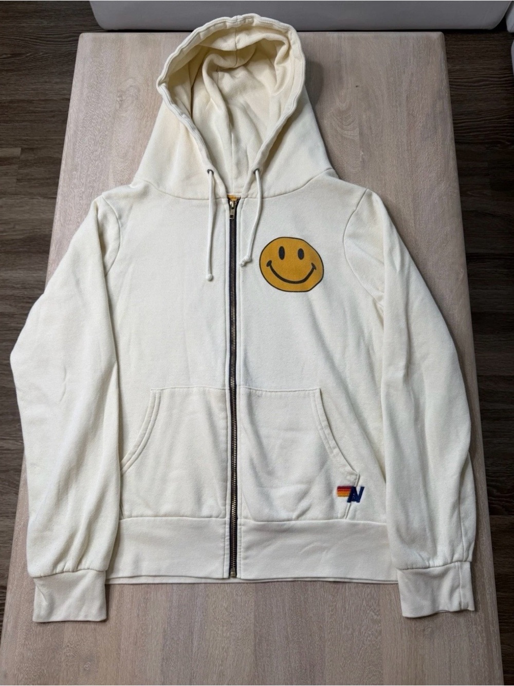Aviator Nation Cream Zip Hoodie with Yellow Smiley